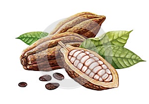 Cocoa pods, cocoa beans and leaves