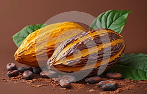 Cocoa pods and cocoa beans with cocoa powder and chocolate on brown background