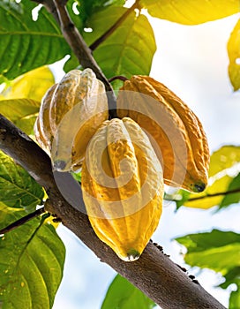 Cocoa pods ripe for harvest on the tree