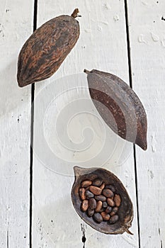 Cocoa Pods On White Wooden Table