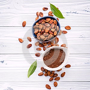 Cocoa powder and cacao beans on wooden background