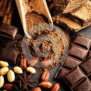 Cocoa powder, chocolate, nuts and spices