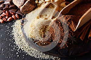 Cocoa powder, chocolate, nuts and spices