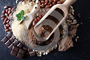 Cocoa powder, chocolate, nuts and spices