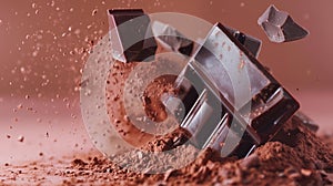 Cocoa powder with chocolate pieces and curls explosion on black backgrounds