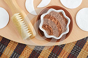 Cocoa powder for preparing homemade chocolate face and body mask. DIY beauty treatment and spa recipe.