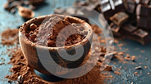 Cocoa powder in rustic bowl on dark blue textured background. Culinary ingredients photography