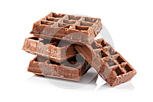 cocoa-rich chocolate waffles sitting perfectly on a pristine white background. baked goods, cafes, or any chocoholic del