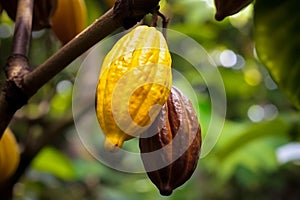 Cocoa tree with ripe fruits closeup, chocolate, ai generated