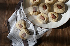 Cococnut cookies, with cream cheese and almonds. Home kitchen sweets, baked. recipe for christmas