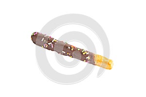 Cocolate covered stick on white background.