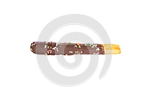 Cocolate covered stick on white background.