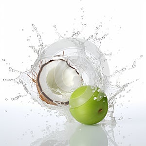 Coconut And Apple Splash In Water - Stock Photo With Cross-processing Style