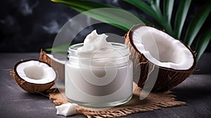 Coconut beauty skincare products. White cream with extract of Coconut