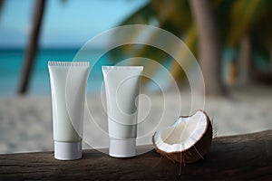 Coconut beauty skincare products. White cream tubes with face, hand or body milk or lotion with fresh coconut. Mockup