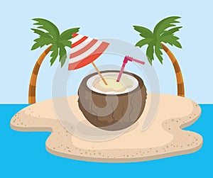 Coconut beverage with umbrela decoration and palms trees