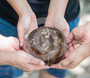 Coconut bowl on hands