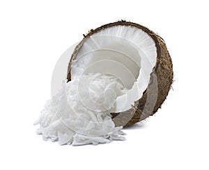 Coconut broken half shredded isolated on white background