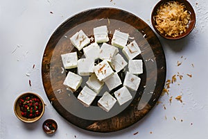 Coconut burfi on white background, a beloved Indian sweet