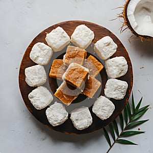 Coconut burfi on white background, a beloved Indian sweet