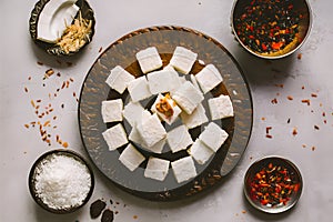 Coconut burfi on white background, a beloved Indian sweet