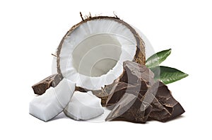 Coconut chocolate green leaf isolated on white photo