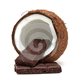 Coconut and chocolate isolated on white