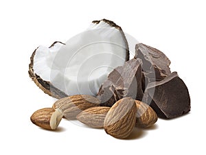 Coconut chocolate piece almond nuts isolated on white