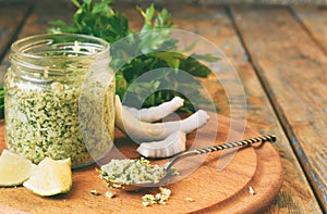 Coconut chutney with fresh parsley, cilantro and lemon juice. Popular Indian side dish. Gluten, Dairy, Grain free. AIP Autoimmune