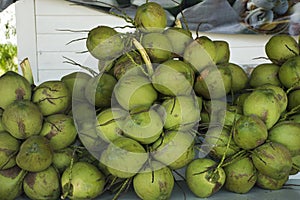 Coconut cluster fruits for sale in Phetchaburi, Thailand