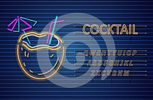 Coconut cocktail neon Vector. Summer tropic drink banner posters