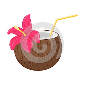 Coconut cocktail with a straw and a hibiscus flower. A beach summer refreshing drink. A symbol of a beach party. Vector