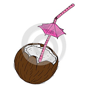 Coconut with a cocktail straw icon. Vector illustration of a broken coconut with a decorative umbrella for cocktails