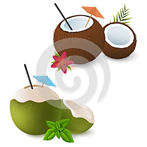Coconut cocktails with umbrella, red flower and green leaves of mint. Brown and green. Exotic attribute of summer