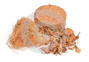 Coconut Coir substrate. Pressed briquette with fiber and chips. Isolated on White Background