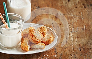 Coconut cookies with a bottle of coconut milk on a rustic background, space for text. Banner. Vegan healthy snack