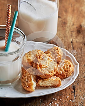 Coconut cookies with a bottle of coconut milk on a rustic background, space for text. Banner. Vegan healthy snack