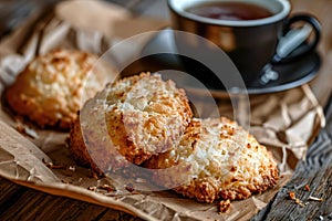 Coconut Cookies, Cocoanut Macaroons with Tea Cup, Biscuits with Coco Chips and Coffee Cup photo