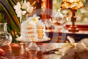 Coconut cream cake embellished with coconut shavings