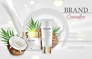 Coconut cream moisturizer Vector realistic. Product packaging mockup. Detailed white bottles with label design. 3d