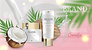 Coconut cream moisturizer Vector realistic. Product packaging mockup. Detailed white bottles with label design. 3d