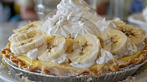 A coconut cream pie layered with fresh slices of banana and topped with a generous dollop of whipped cream photo