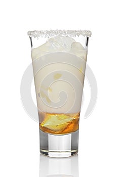 Coconut cream and rum cocktail in highball glass isolated on white. Pina colada drink