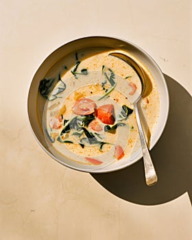 Coconut Curry Soup with Fresh Vegetables in Sunlight