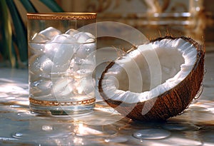 A coconut is cut in half. Quench your thirst with a glass of refreshing coconut water served over ice