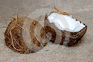 Coconut cut into pieces on burlap