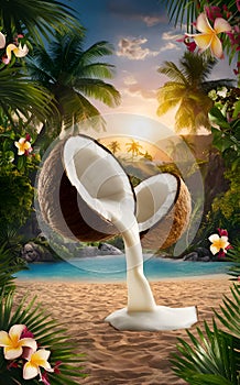 coconut cutting in half with milk around beautiful jungle background with plumeria flowers. conceptual didital artwork. Ai