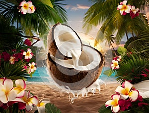 coconut cutting in half with milk around beautiful jungle background with plumeria flowers. conceptual didital artwork. Ai