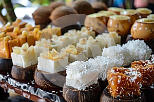 coconut dessert display, assorted coconut treats lined up, offering scrumptious tropical flavors for a delightful photo