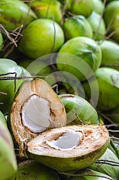 Coconut divided in half on a heap of coconuts.